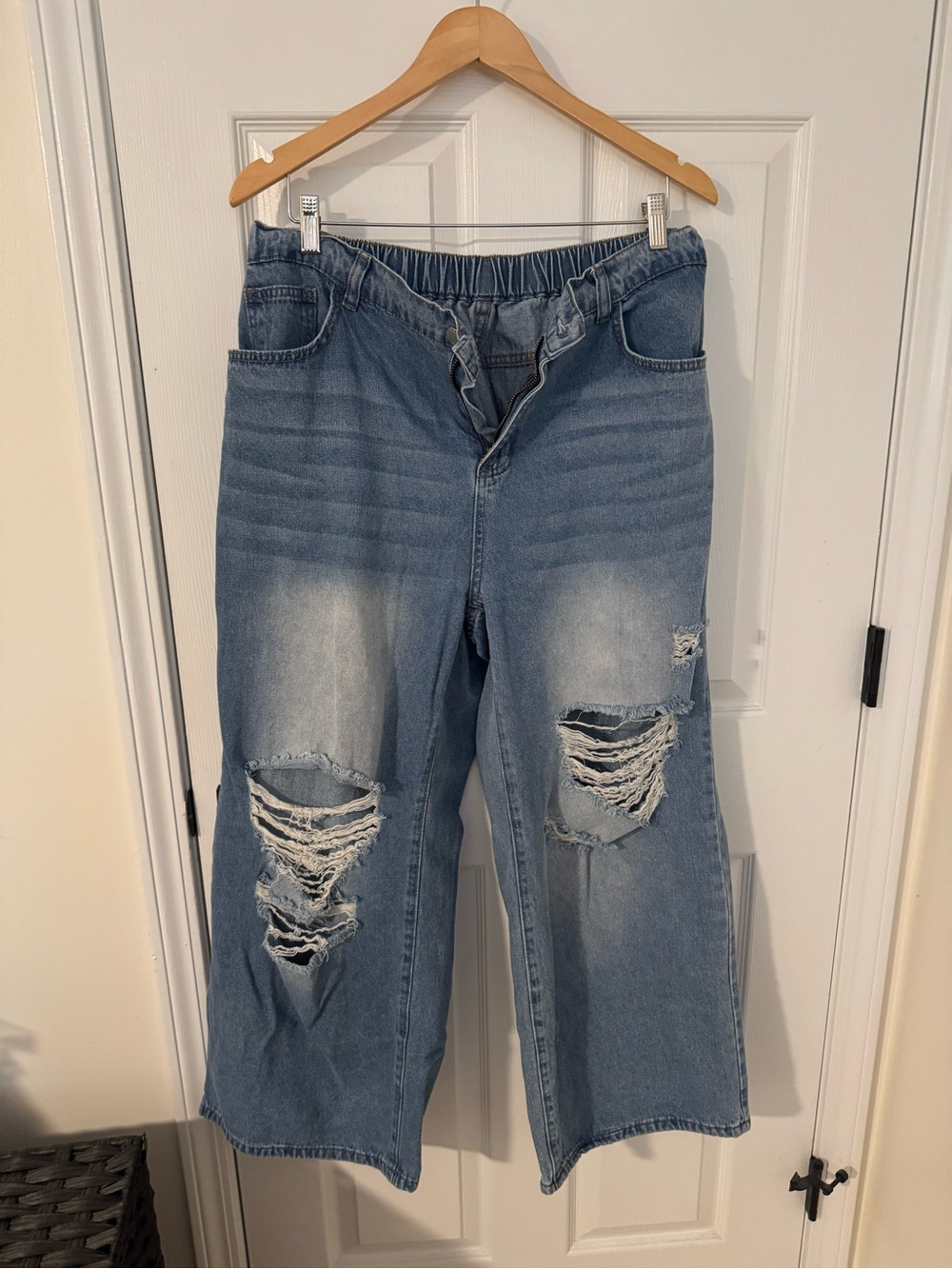 SHEIN Curve+ Light Blue Distressed Wide Leg Jeans